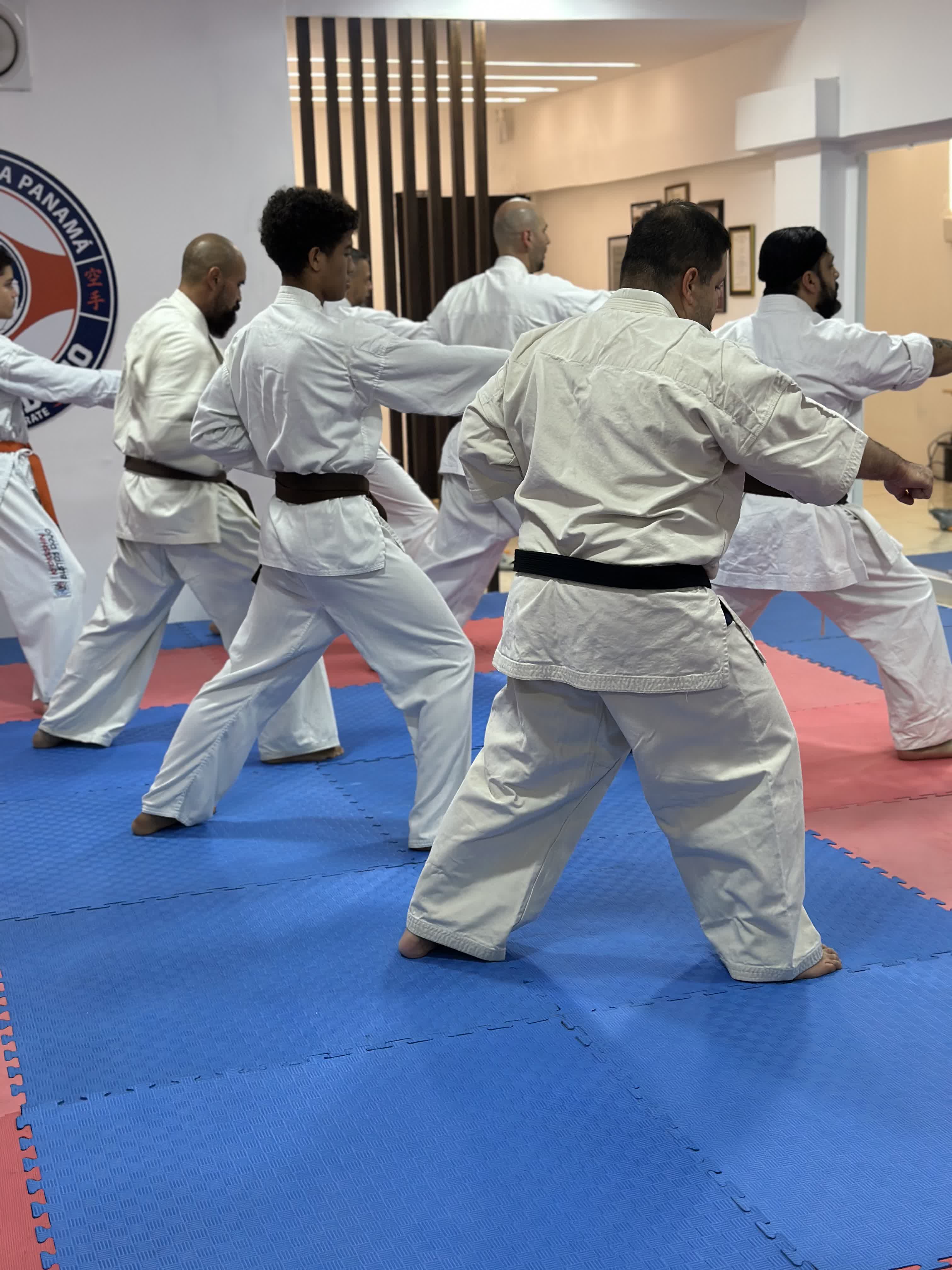 Alumnos del dojo practicando kihon en nuestra sede de Vía España