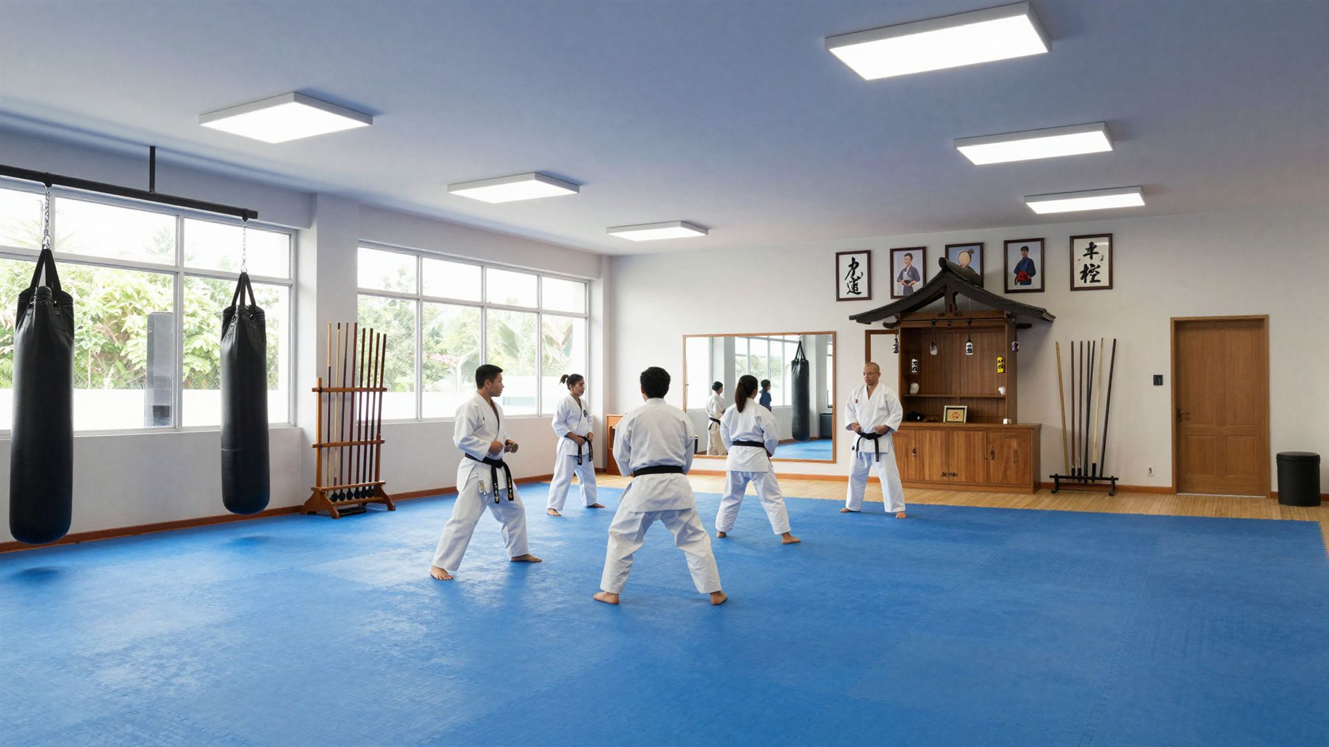 Visualización de la sala de entrenamiento de la nueva sede con tatami azul